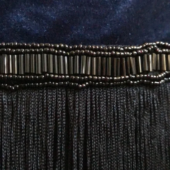 Midnight Blue Beaded Long Fringe Strapless Dress NWOT
